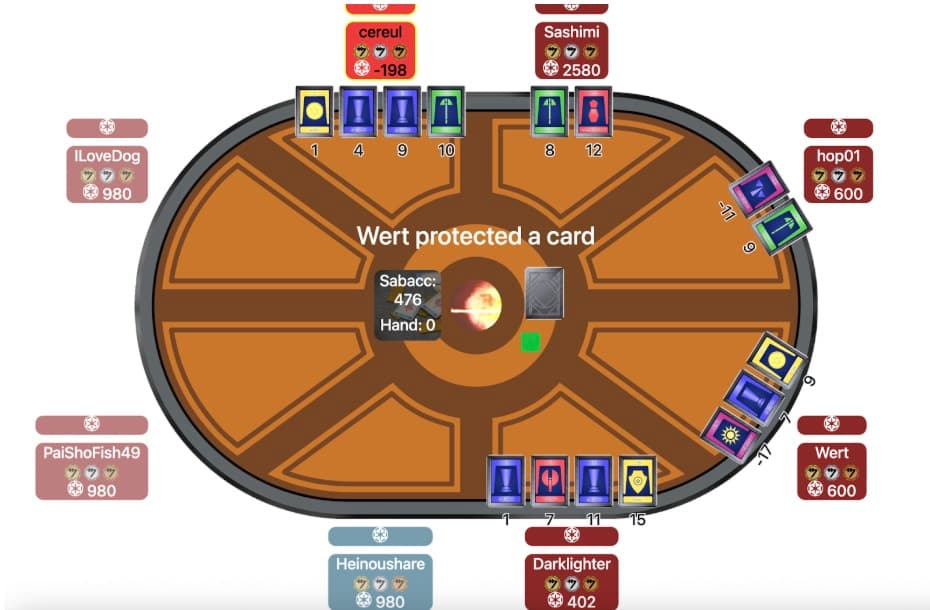 Sabacc multiplayer table with players seated around a live game