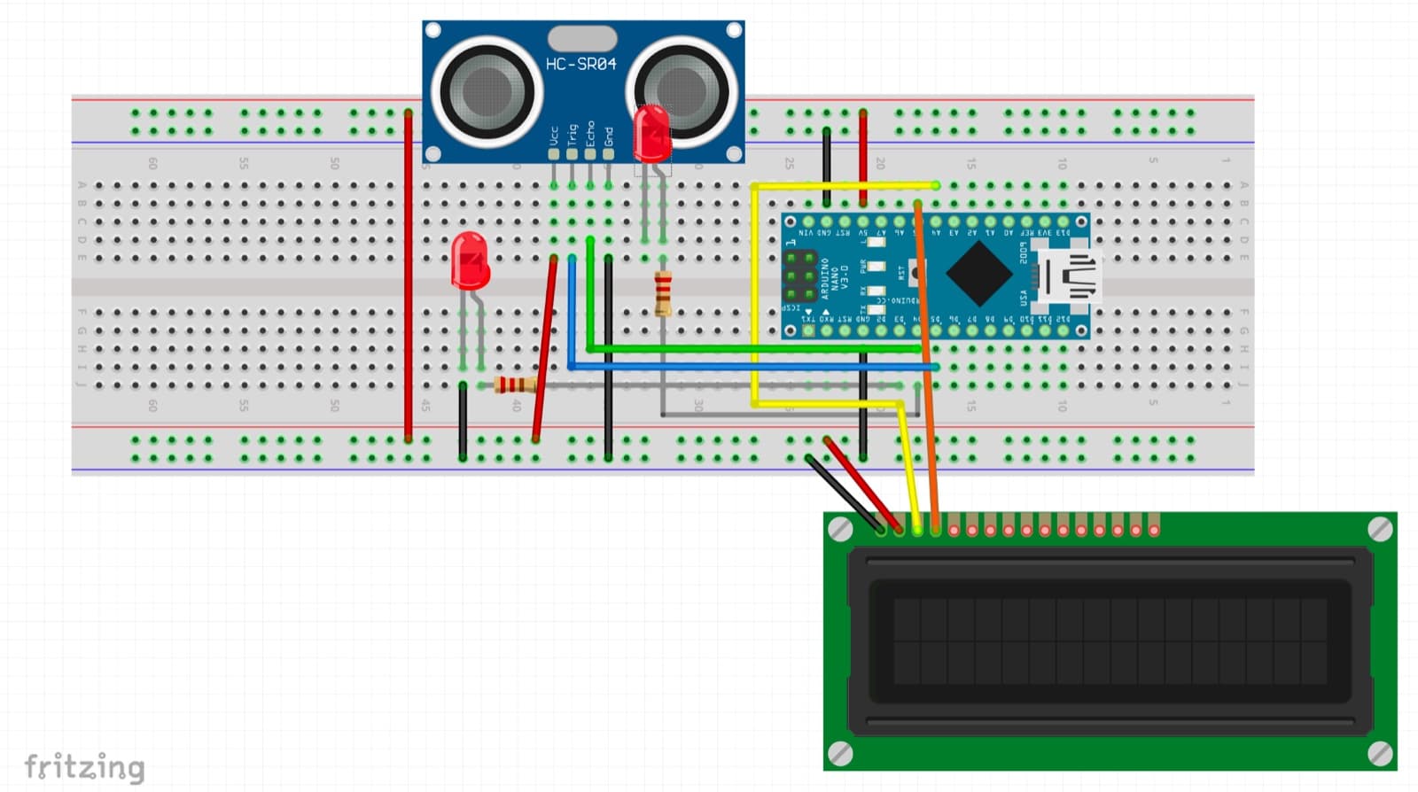 Fritzing breadboard diagram with an Arduino Nano, ultrasonic sensor, LEDs, and LCD
