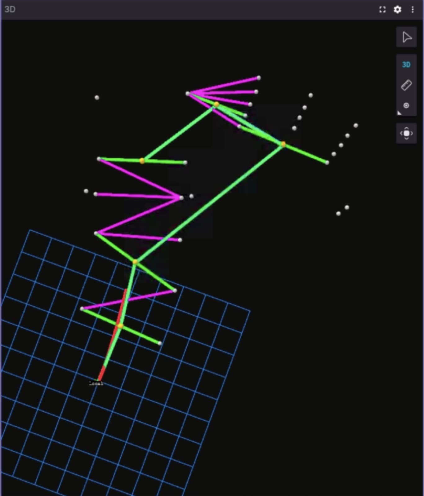 Visualiser frame showing selected gates zig-zagging across the track instead of advancing along it