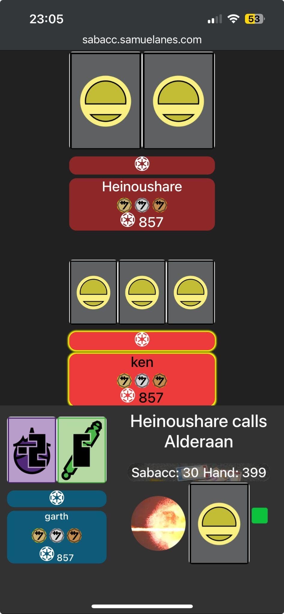 The mobile layout of a Sabacc game using the Pescado card theme