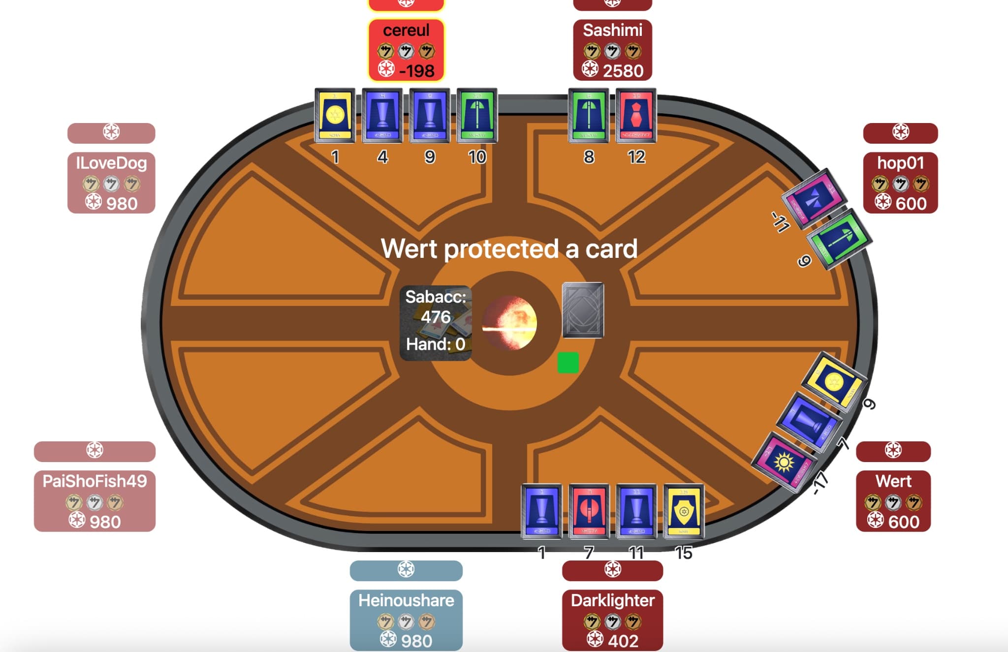 An eight-player Sabacc game on the current table layout